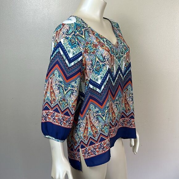Renee C. No iron Large Paisley Chevron V-Neck 3/4 Sleeve Vibrant Boho Blouse top - Picture 2 of 11